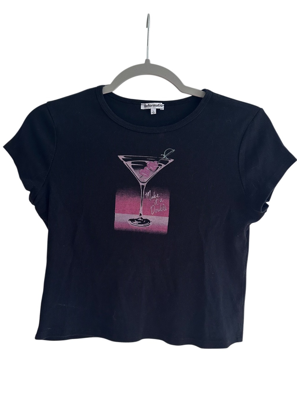 Reformation Black Ribbed Tee with Pink Martini Graphic - Size L
